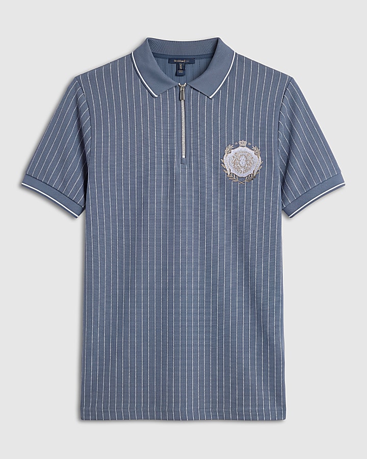 Blue Slim Fit Stripe Crest Polo Shirt