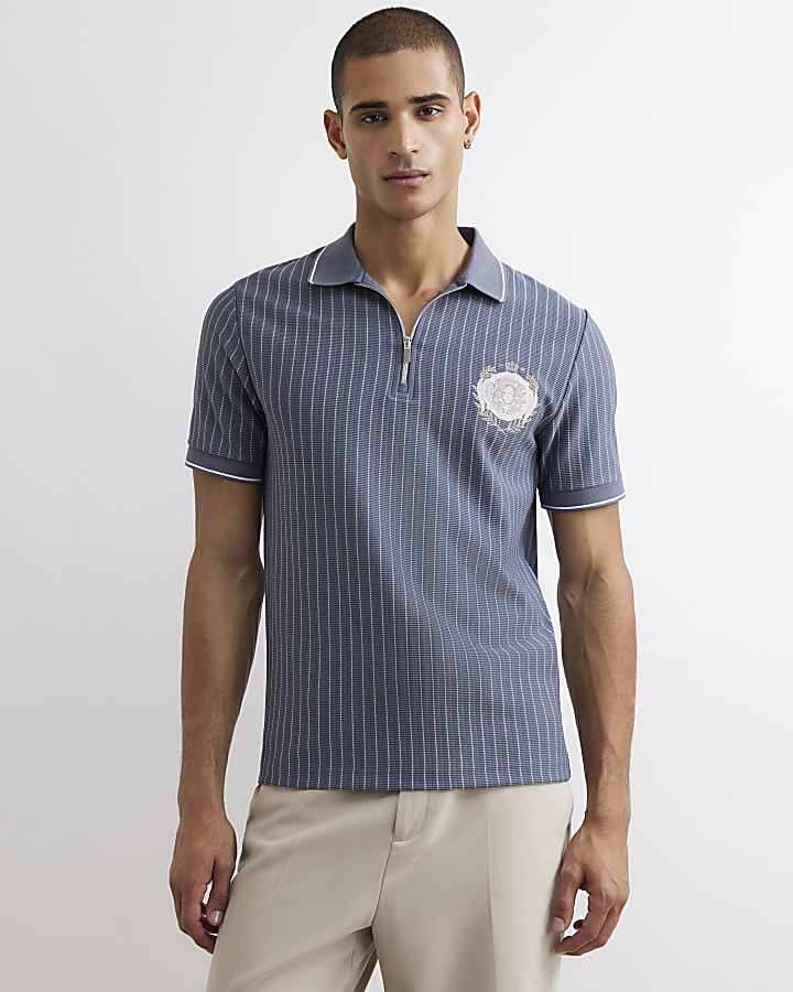 Blue Slim Fit Stripe Crest Polo Shirt