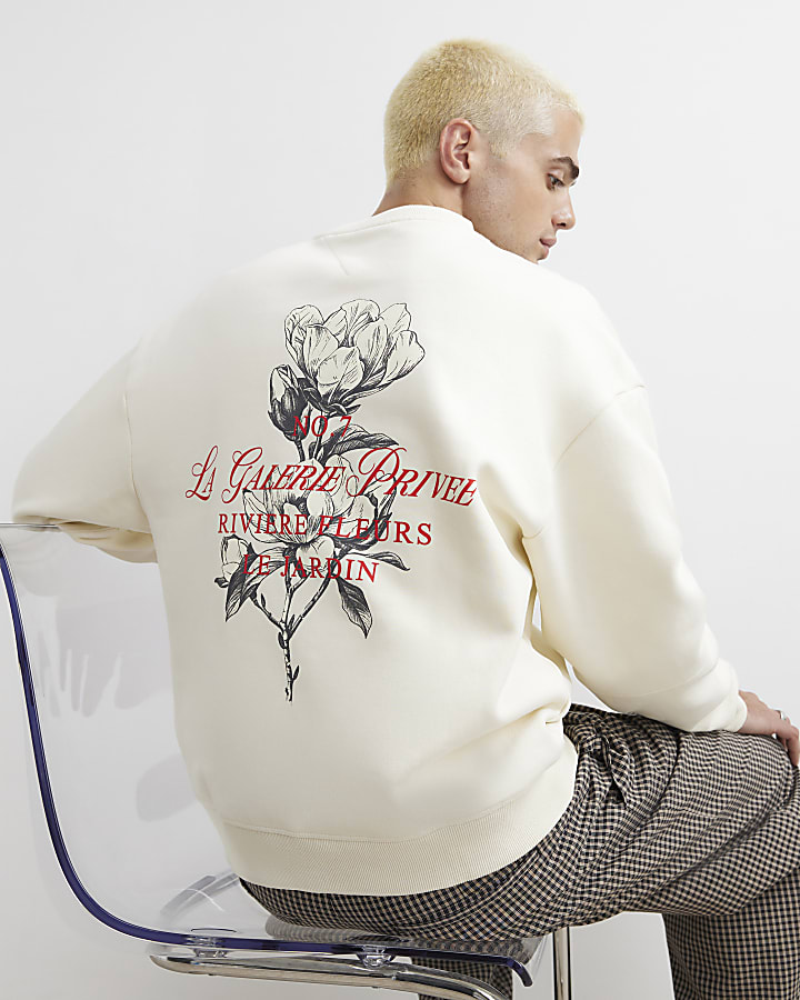 Cream Regular Fit Cotton Floral Sweatshirt