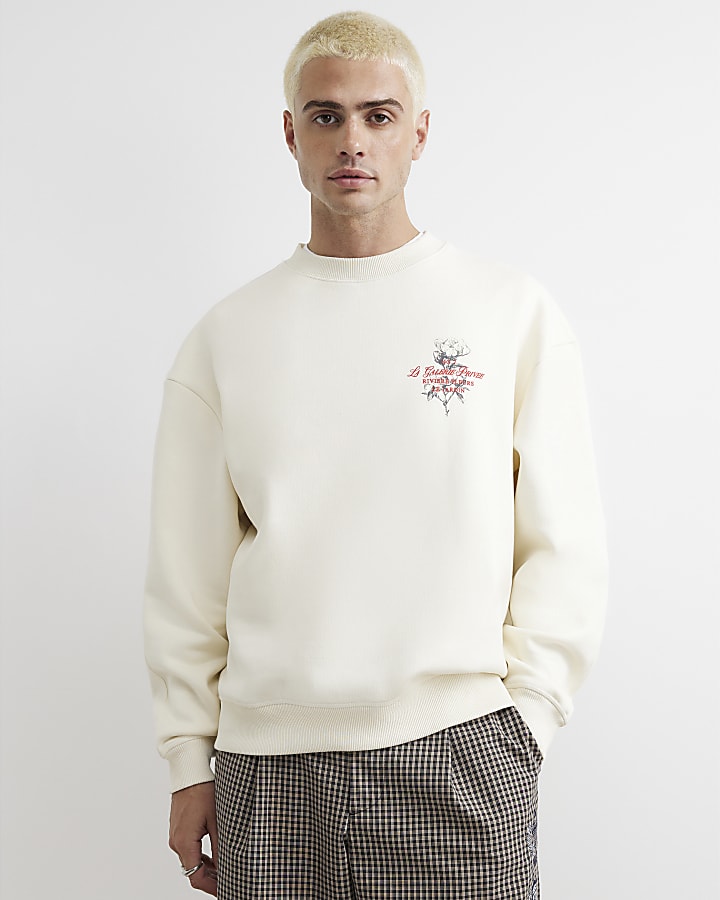 Cream Regular Fit Cotton Floral Sweatshirt