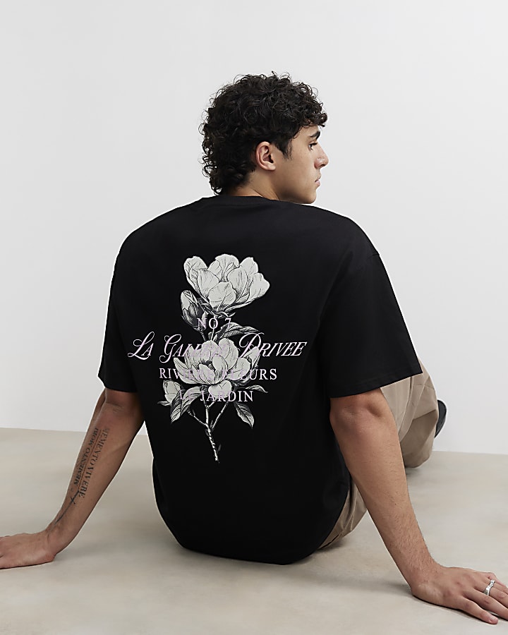 Black Cotton Floral Print T-Shirt