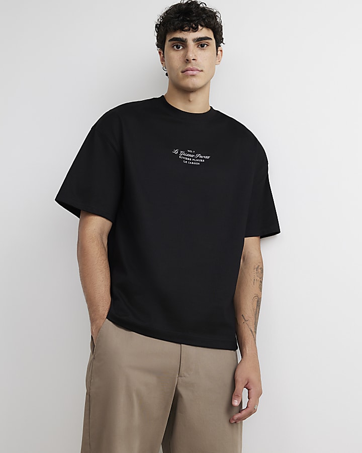 Black Cotton Floral Print T-Shirt