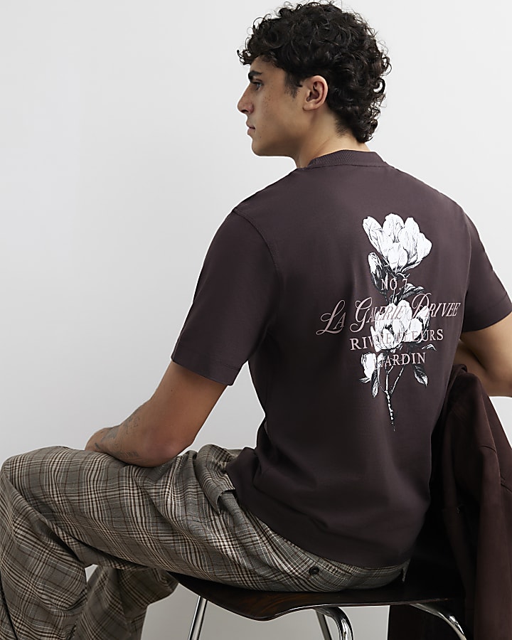 Brown Cotton Floral Print T-Shirt