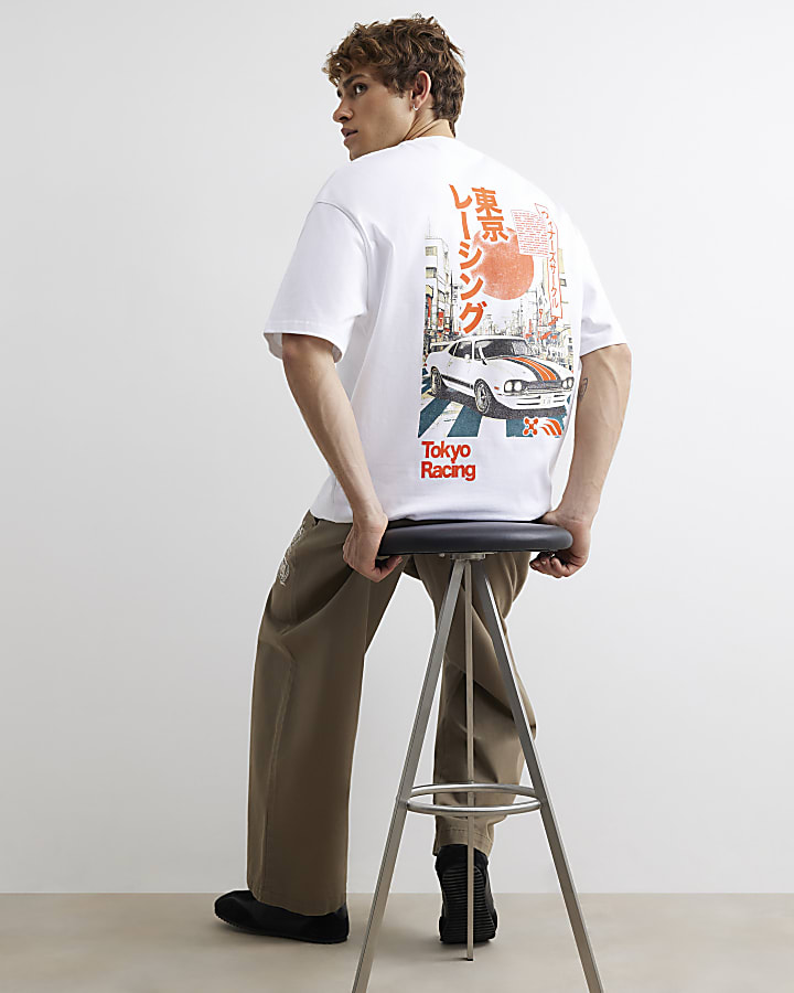 White Cotton Japanese Car Graphic T-Shirt