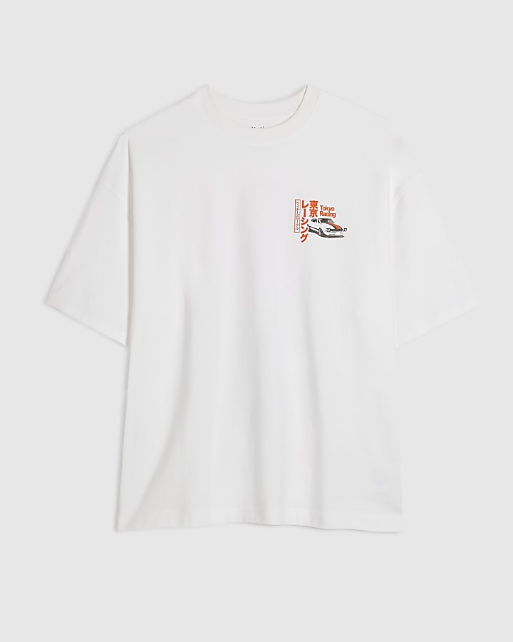 White Cotton Japanese Car Graphic T-Shirt