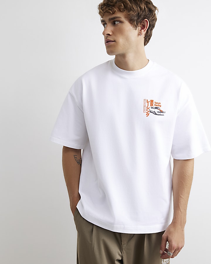 White Cotton Japanese Car Graphic T-Shirt