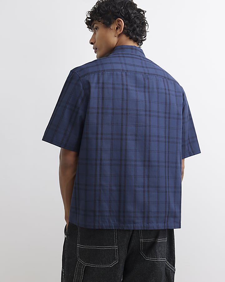 Navy Boxy Fit Cotton Check Shirt