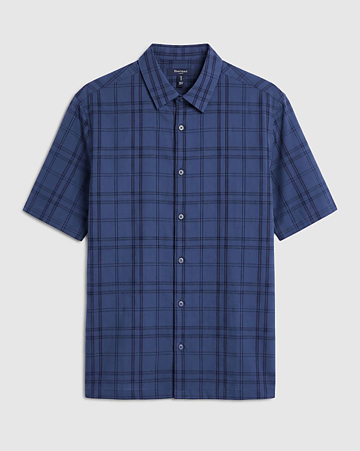 Navy Boxy Fit Cotton Check Shirt