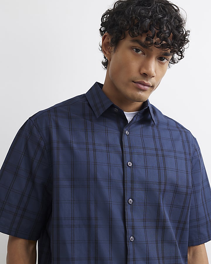 Navy Boxy Fit Cotton Check Shirt