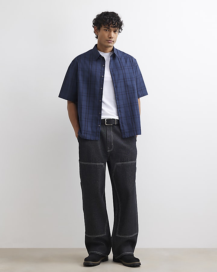 Navy Boxy Fit Cotton Check Shirt