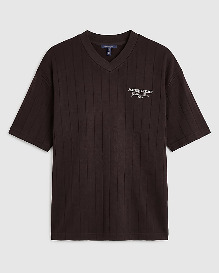 Brown Regular Fit Texture V Neck T-Shirt
