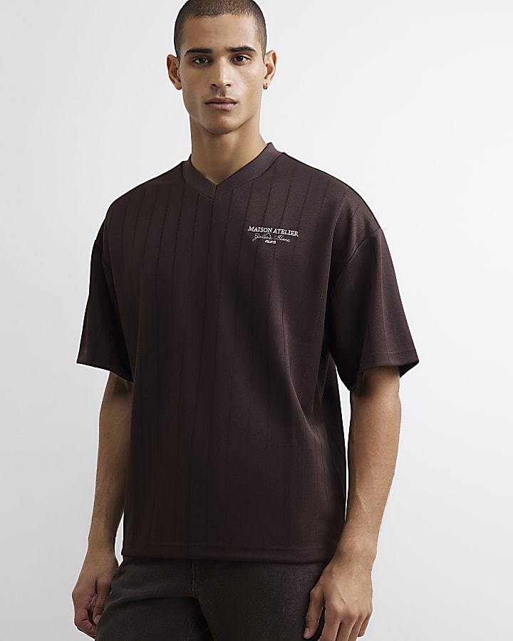 Brown Regular Fit Texture V Neck T-Shirt