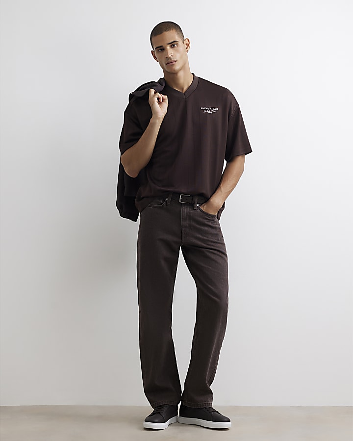 Brown Regular Fit Texture V Neck T-Shirt