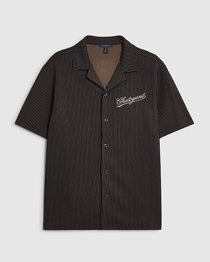 Navy Slim Fit Embroidered Stripe Shirt