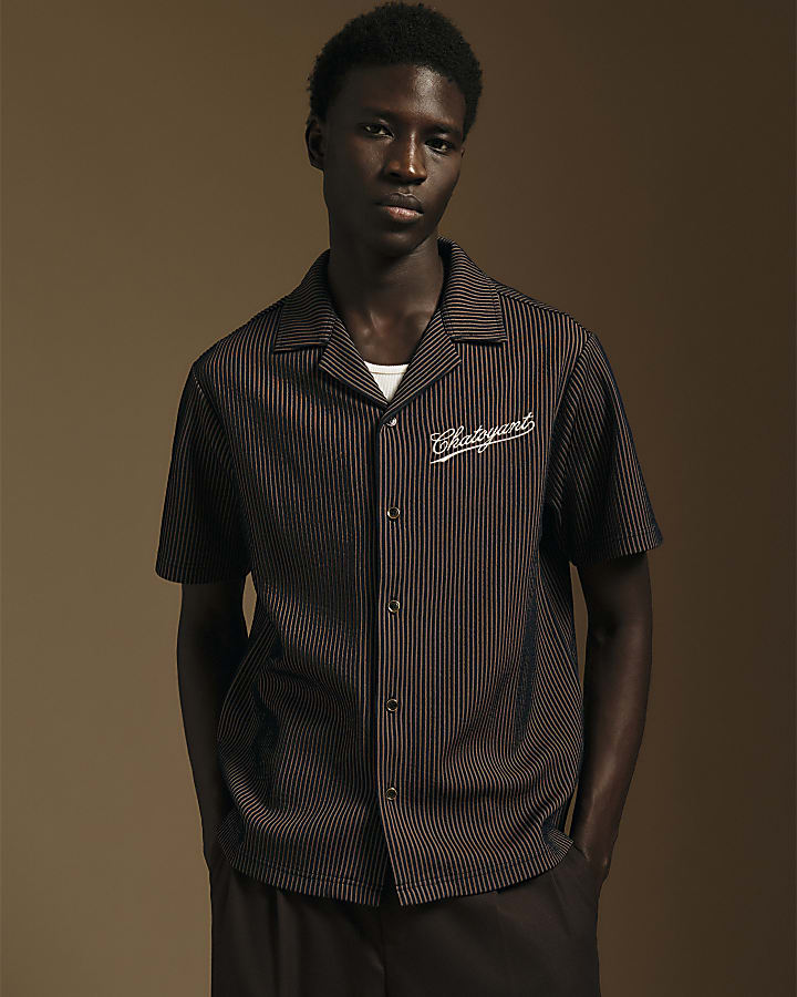 Navy Slim Fit Embroidered Stripe Shirt
