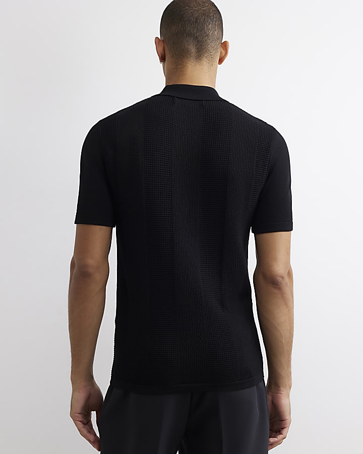 Black Muscle Fit Textured Knit Polo Shirt