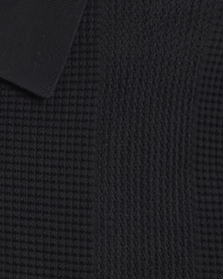 Black Muscle Fit Textured Knit Polo Shirt
