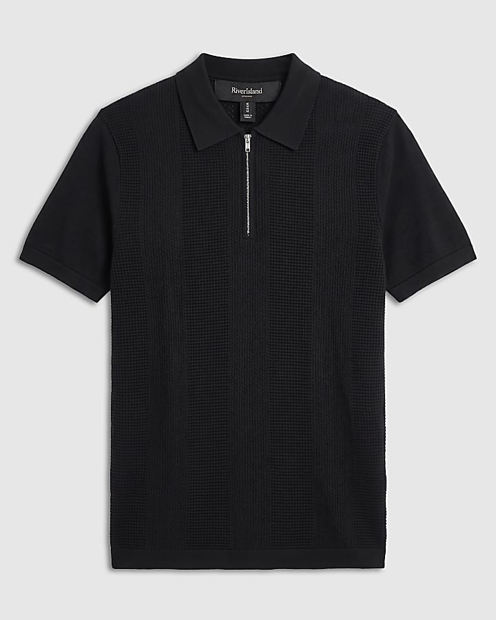 Black Muscle Fit Textured Knit Polo Shirt