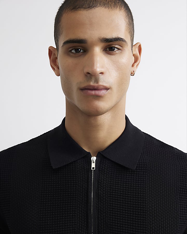 Black Muscle Fit Textured Knit Polo Shirt