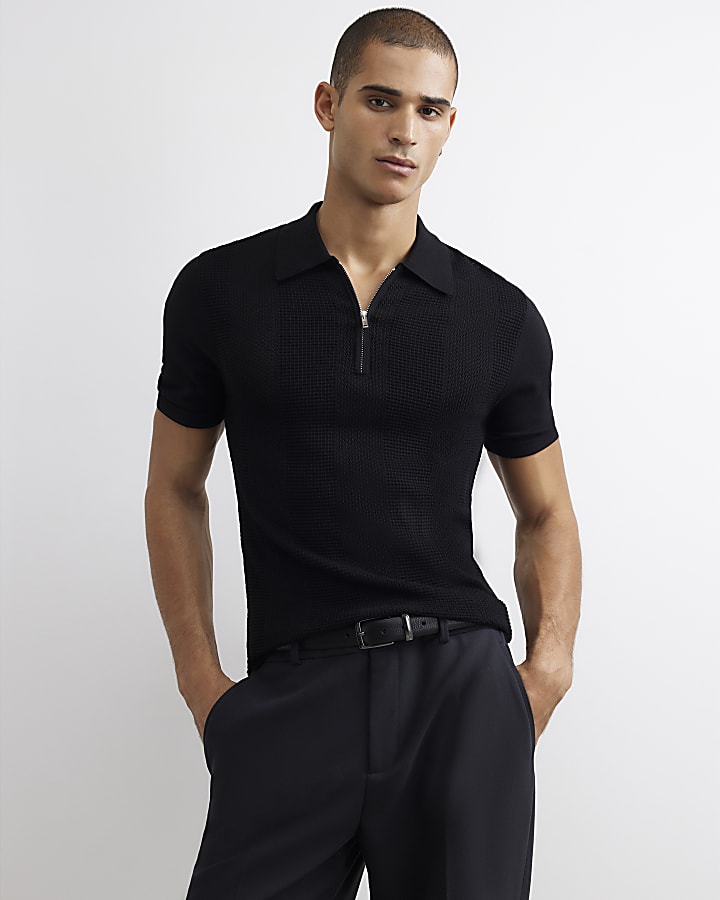 Black Muscle Fit Textured Knit Polo Shirt