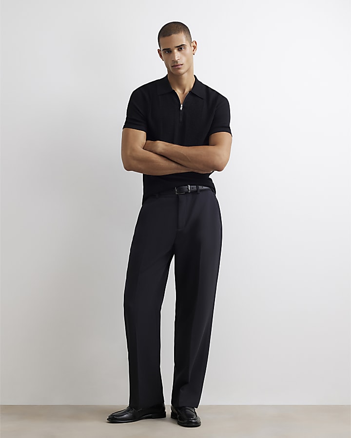 Black Muscle Fit Textured Knit Polo Shirt