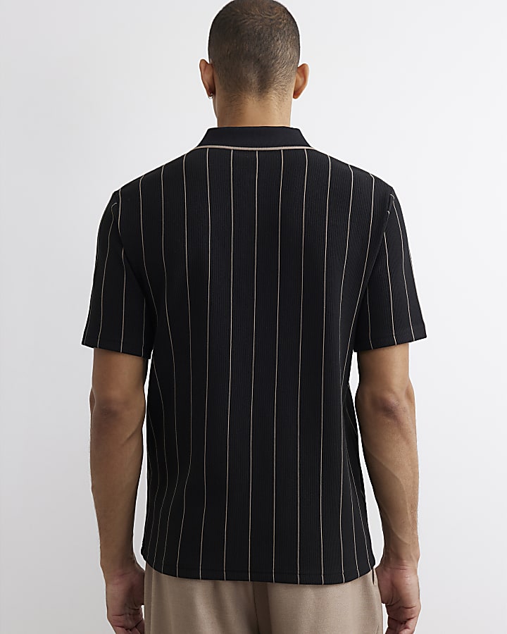 Black Slim Fit Stripe Textured Polo Shirt