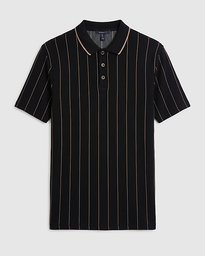Black Slim Fit Stripe Textured Polo Shirt