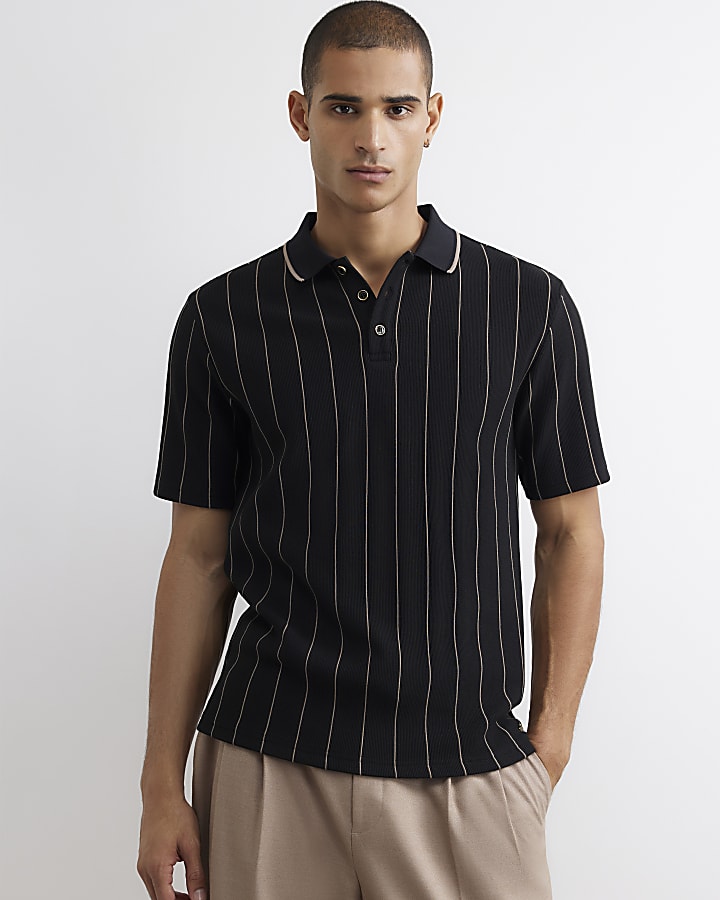 Black Slim Fit Stripe Textured Polo Shirt