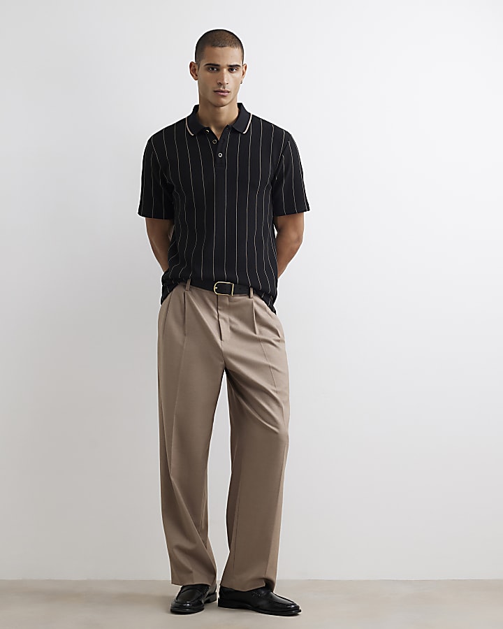 Black Slim Fit Stripe Textured Polo Shirt