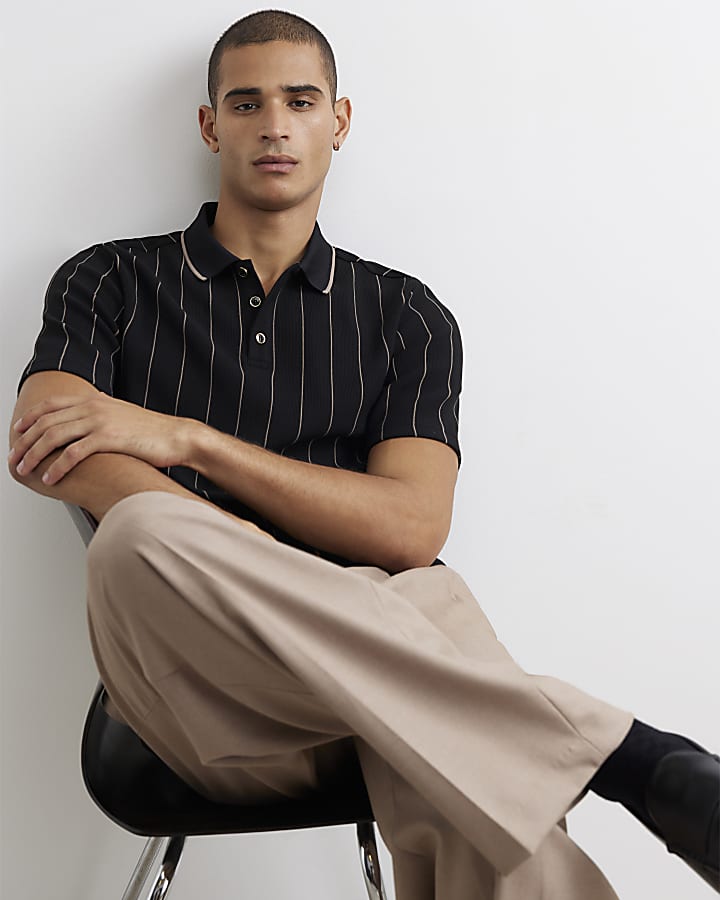 Black Slim Fit Stripe Textured Polo Shirt