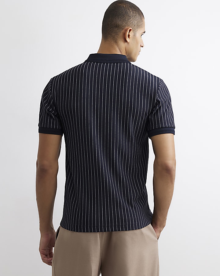Navy Muscle Fit Pinstripe Zip Polo Shirt