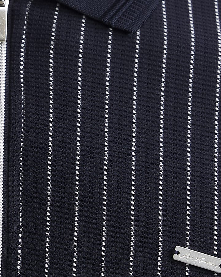 Navy Muscle Fit Pinstripe Zip Polo Shirt
