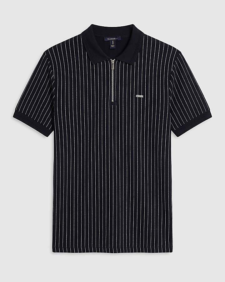 Navy Muscle Fit Pinstripe Zip Polo Shirt