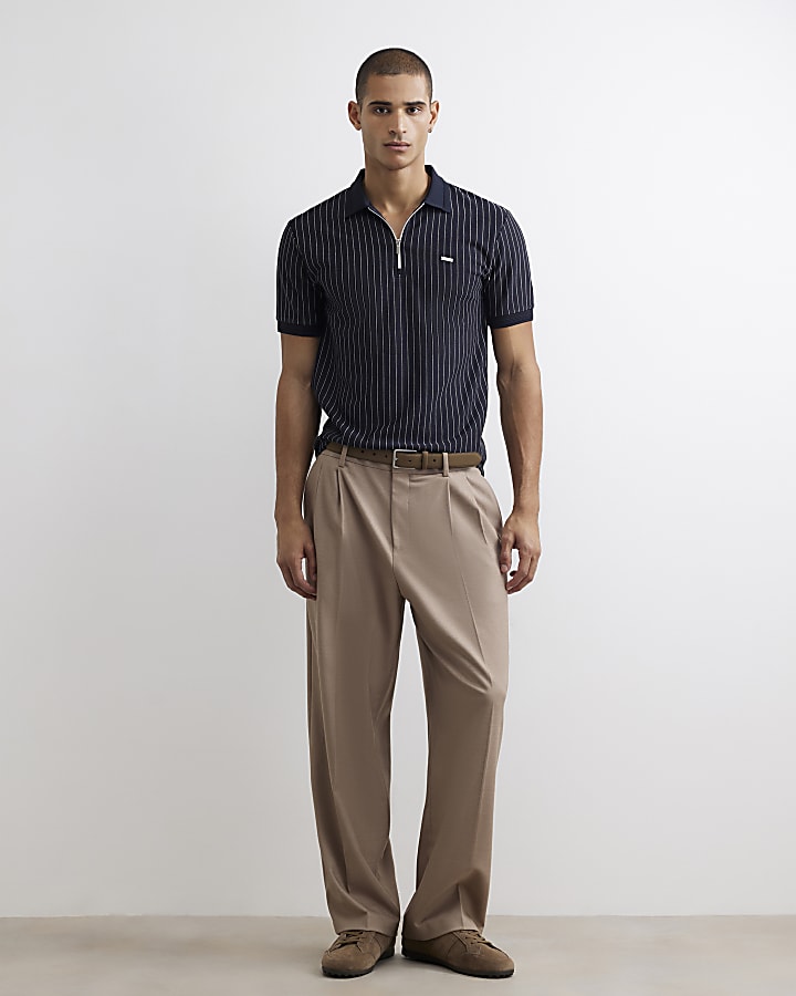 Navy Muscle Fit Pinstripe Zip Polo Shirt