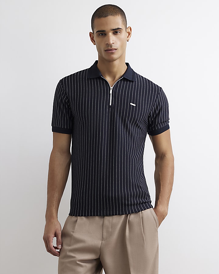 Navy Muscle Fit Pinstripe Zip Polo Shirt