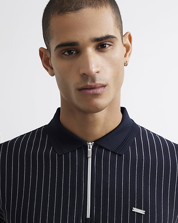 Navy Muscle Fit Pinstripe Zip Polo Shirt
