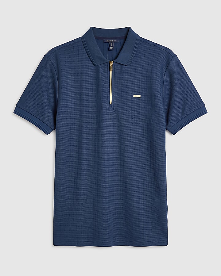 Blue Muscle Fit Textured Polo Shirt