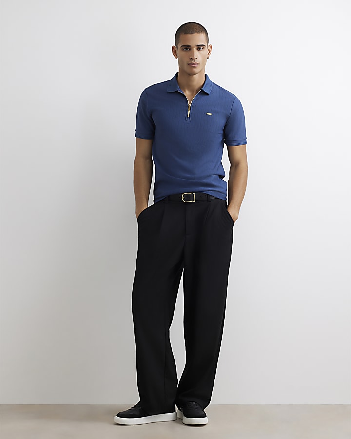 Blue Muscle Fit Textured Polo Shirt