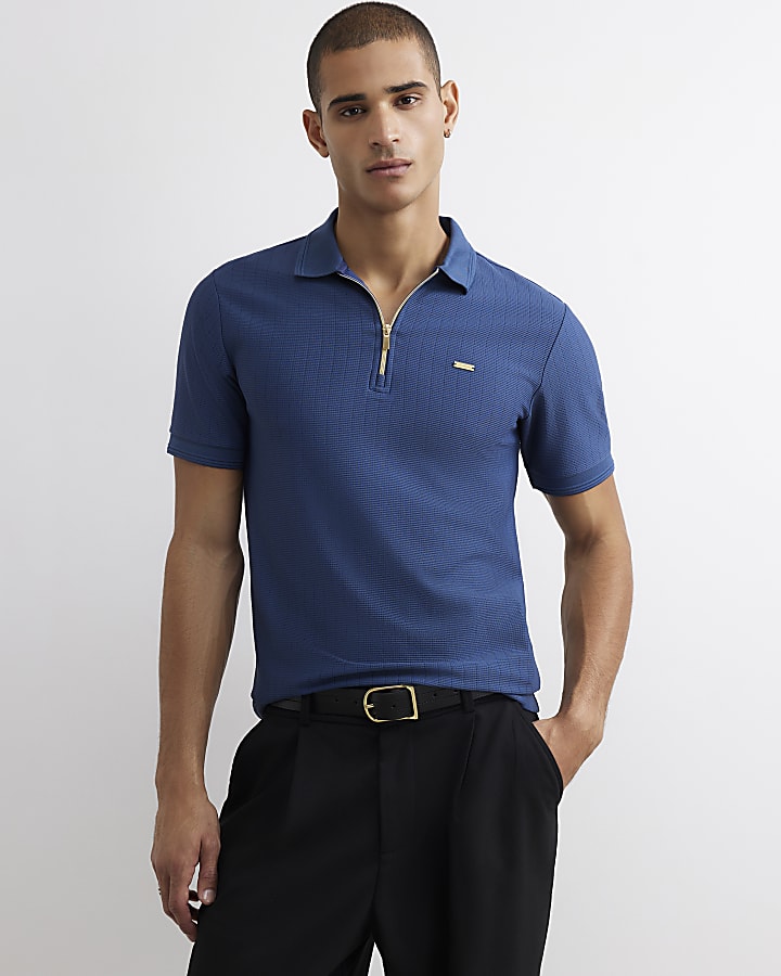 Blue Muscle Fit Textured Polo Shirt