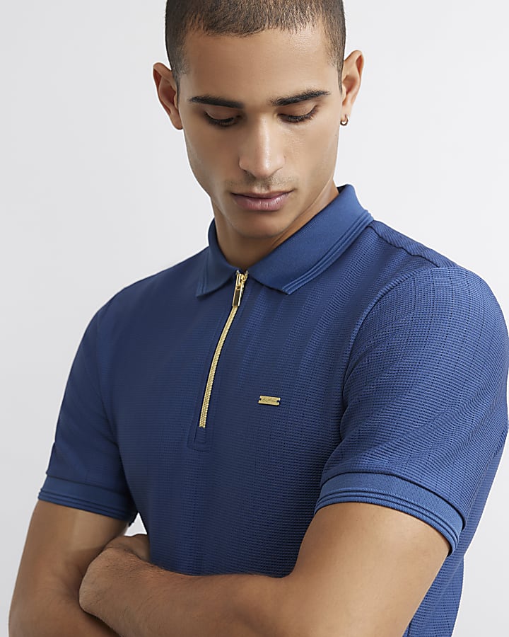Blue Muscle Fit Textured Polo Shirt