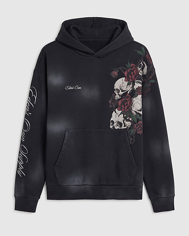 Black Oversized Fit Washed Skull Hoodie