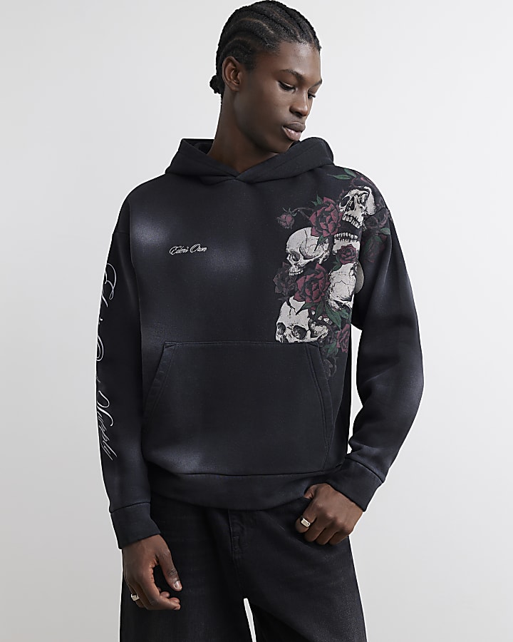 Black Oversized Fit Washed Skull Hoodie