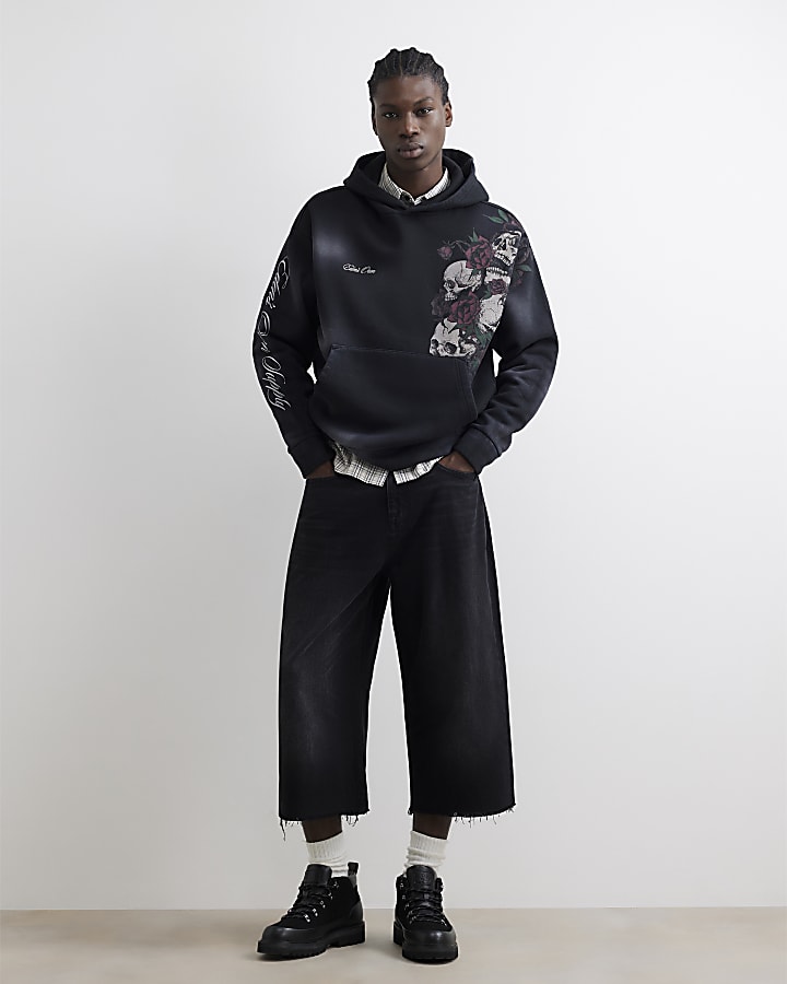 Black Oversized Fit Washed Skull Hoodie