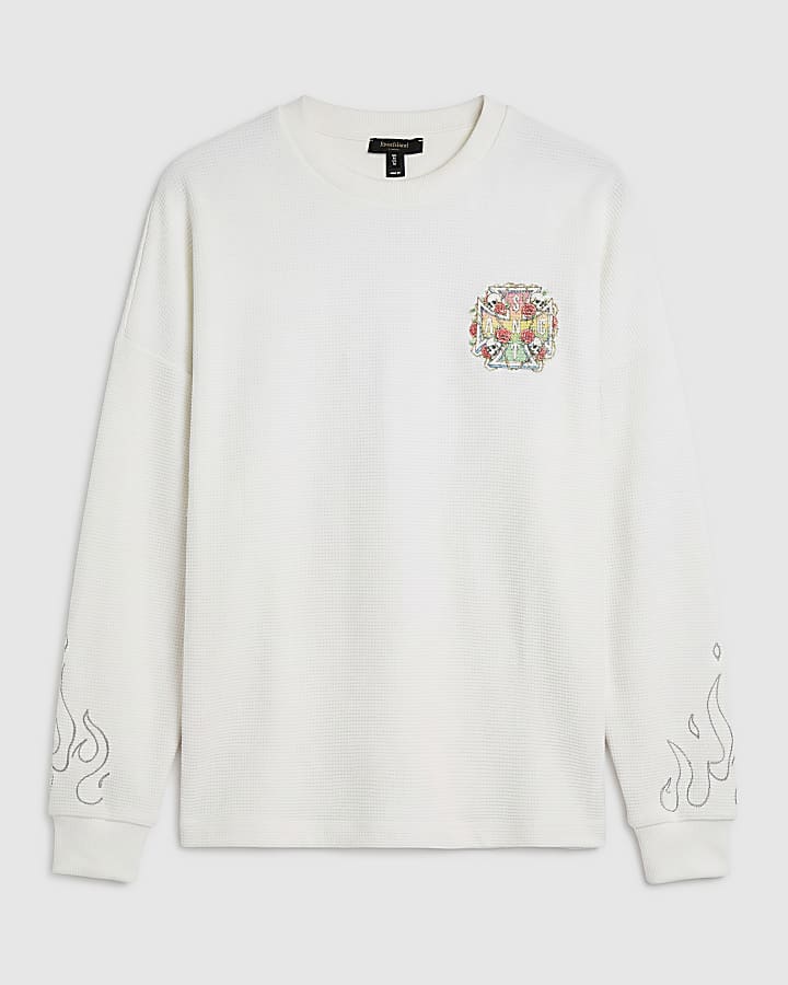 Cream Waffle Knitted Skull Cross T-Shirt