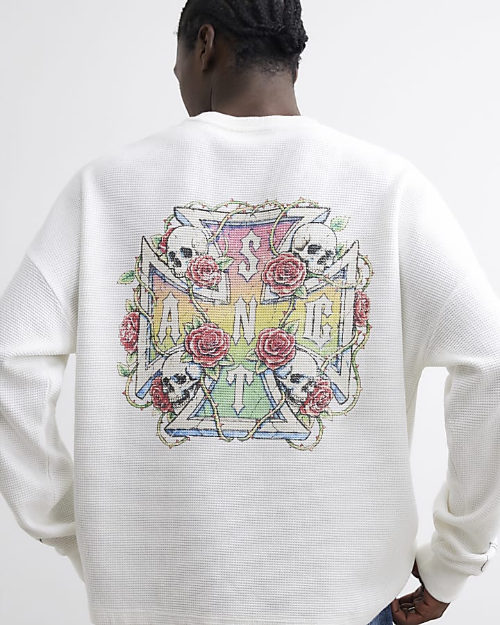 Cream Waffle Knitted Skull Cross T-Shirt