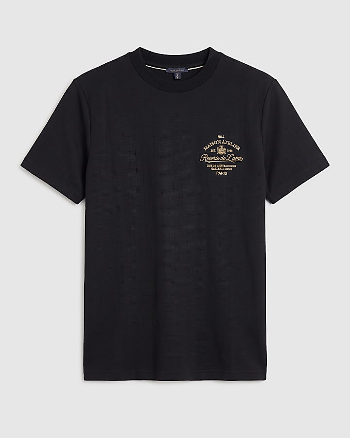Black Slim Fit Texture Maison Crest T-Shirt