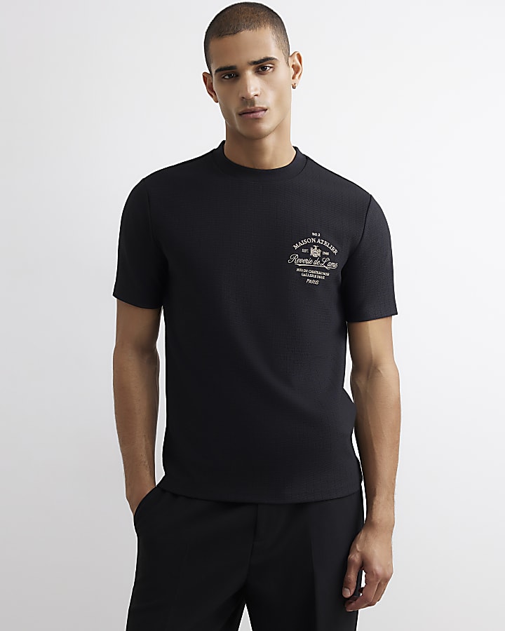 Black Slim Fit Texture Maison Crest T-Shirt
