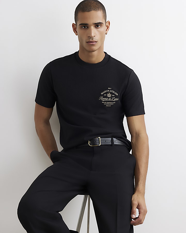 Black Slim Fit Texture Maison Crest T-Shirt