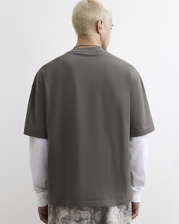Grey Cotton Double Layer Gothic T-Shirt