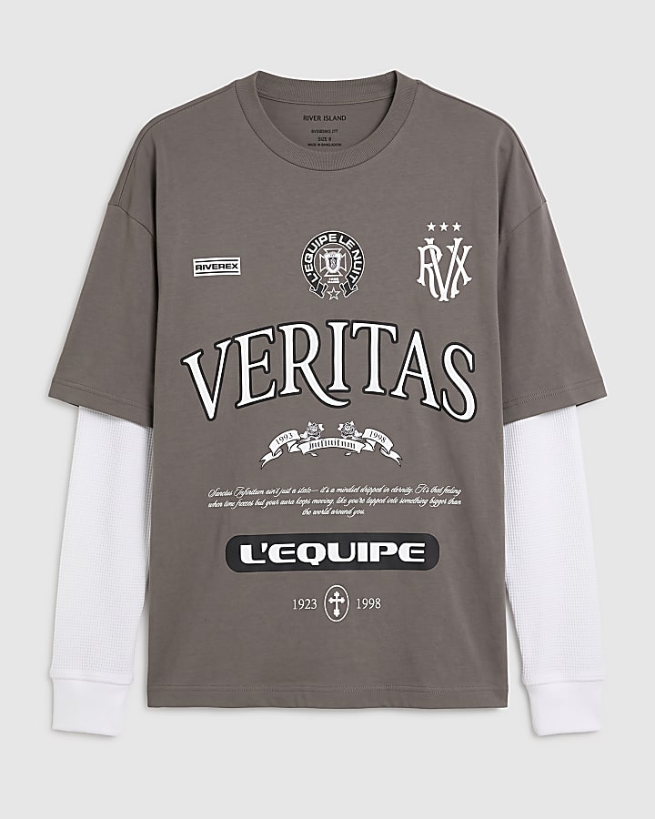 Grey Cotton Double Layer Gothic T-Shirt